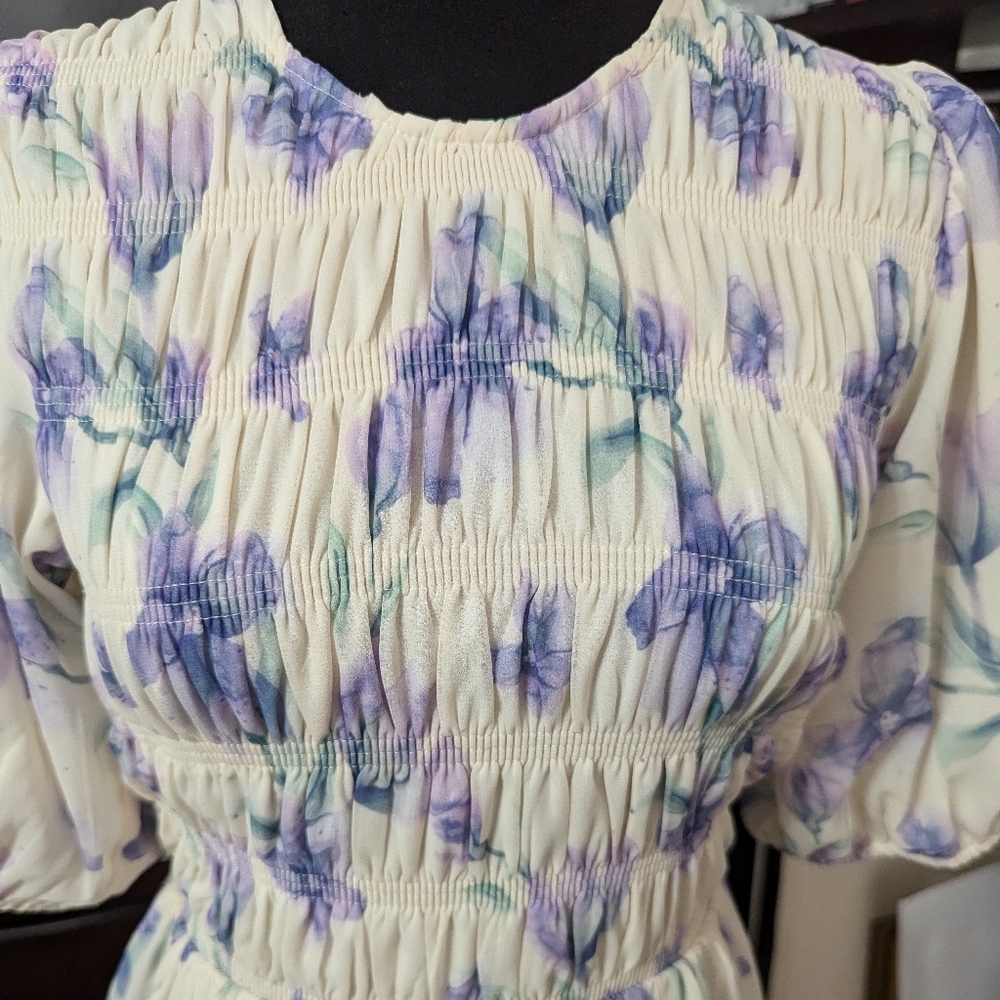 Polagram Women’s Chiffon Floral Watercolor Midi Belted Dress Smocked Bodice S - Picture 11 of 12